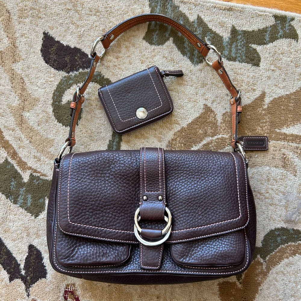 Coach Dark Brown Leather Shoulder Bag with Wallet